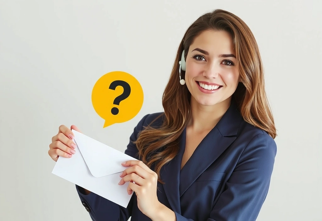 Femeie zâmbitoare care ține un plic cu un semn de întrebare, simbolizând secțiunea de întrebări frecvente și suportul pentru clienți.
