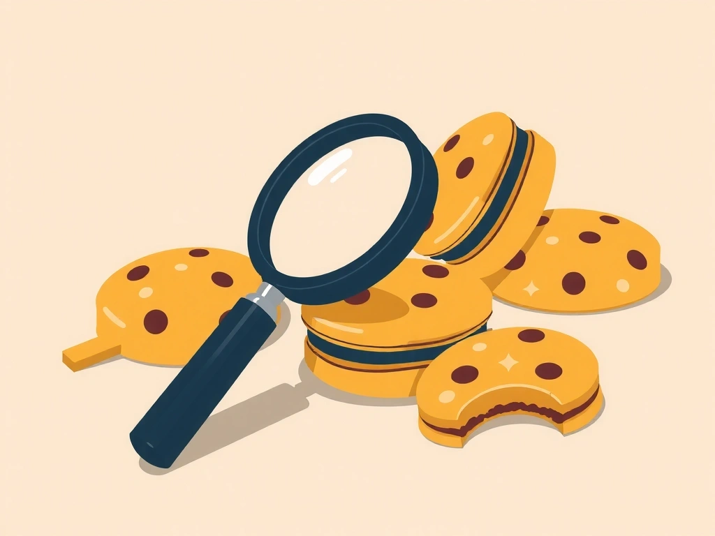 Ilustrație abstractă cu cookie-uri și o lupă, simbolizând analiza datelor.