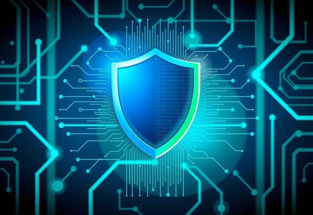 Ilustrație cu un scut digital protejând date, simbolizând securitatea cibernetică