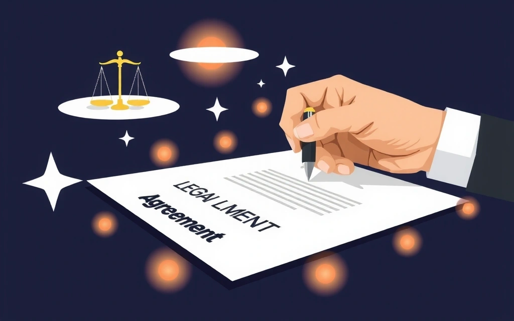 Ilustrație cu o mână semnând un document legal, simbolizând acceptarea termenilor și condițiilor.